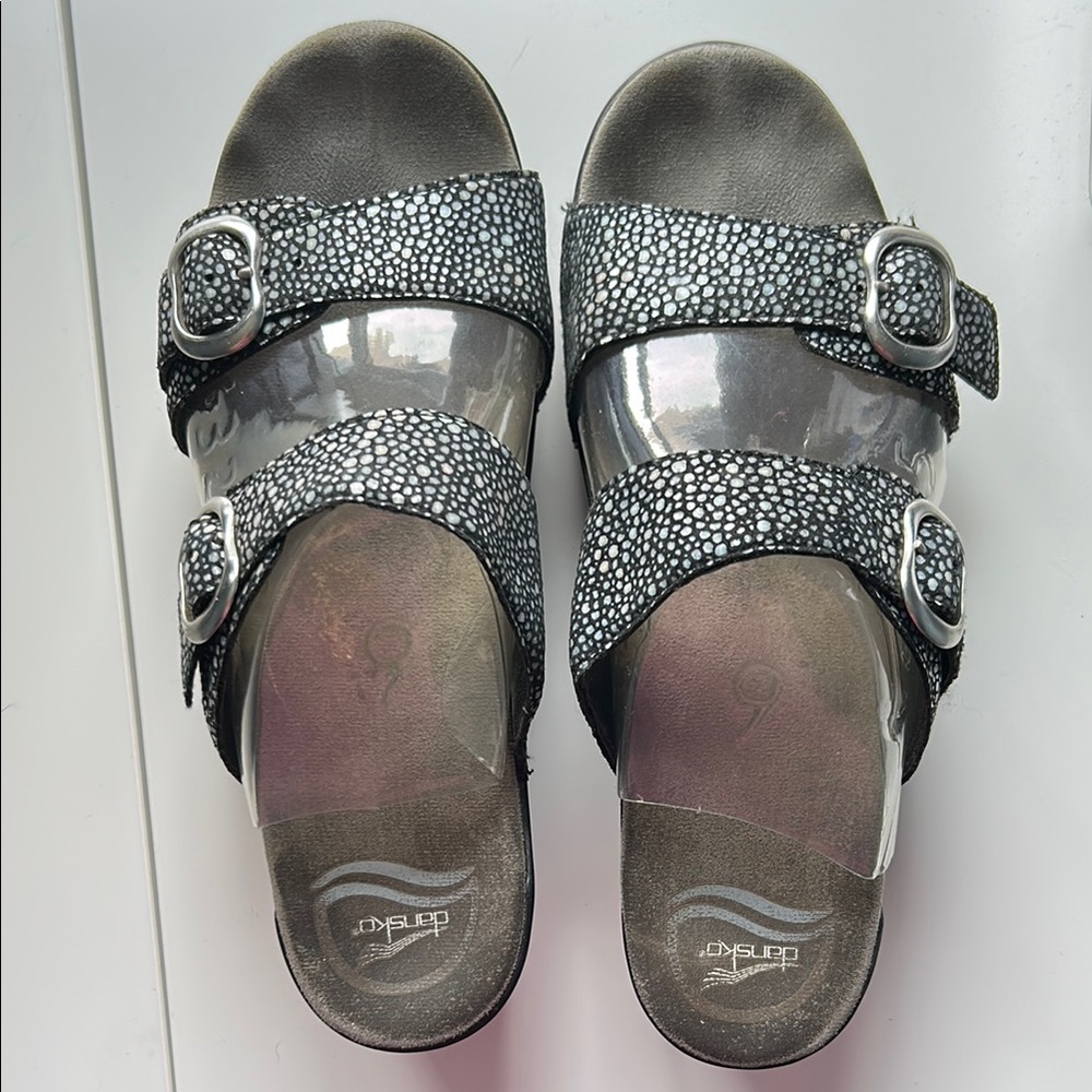 Dansko Black and Gray Two-Strap Comfort Sandals